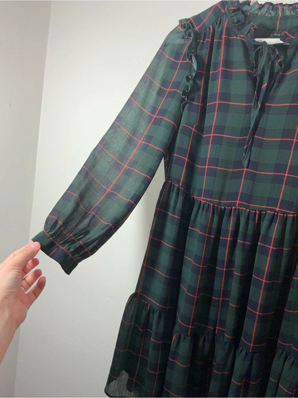 J. Crew Dark Green Plaid Ruffle-Trim Tiered Dress Size Small Petite